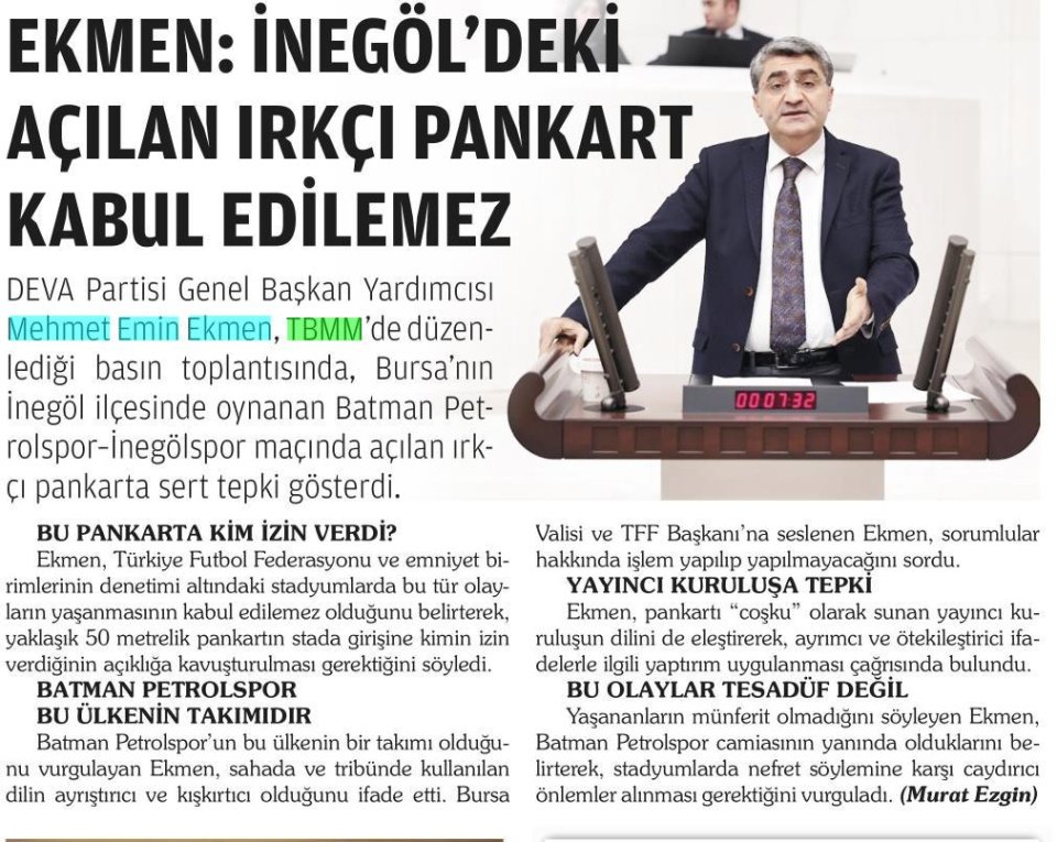 EKMEN: İNEGÖL'DEKİ AÇILAN IRKÇI PANKART KABUL EDİLEMEZ