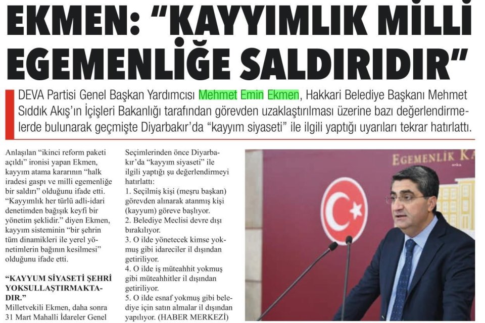 EKMEN KAYYIMLIK MİLLİ EGEMENLİĞE SALDIRIDIR