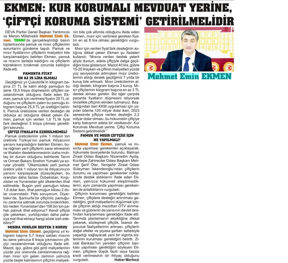 EKMEN: KUR KORUMALI MEVDUAT YERİNE, ÇİFTÇİ KORUMA SİSTEMİ' GETİRİLMELİDİR