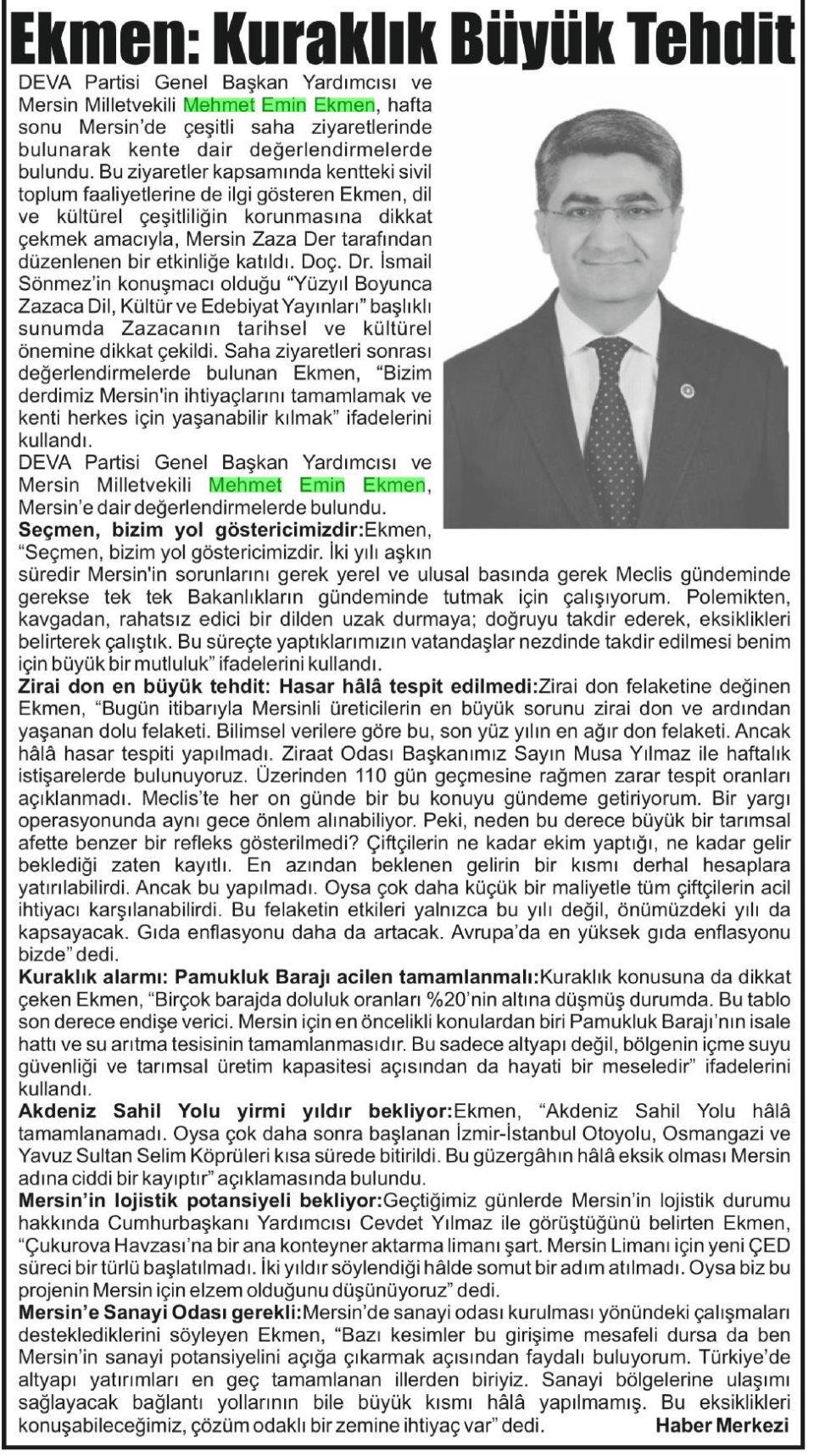 EKMEN: KURAKLIK BÜYÜK TEHDİT