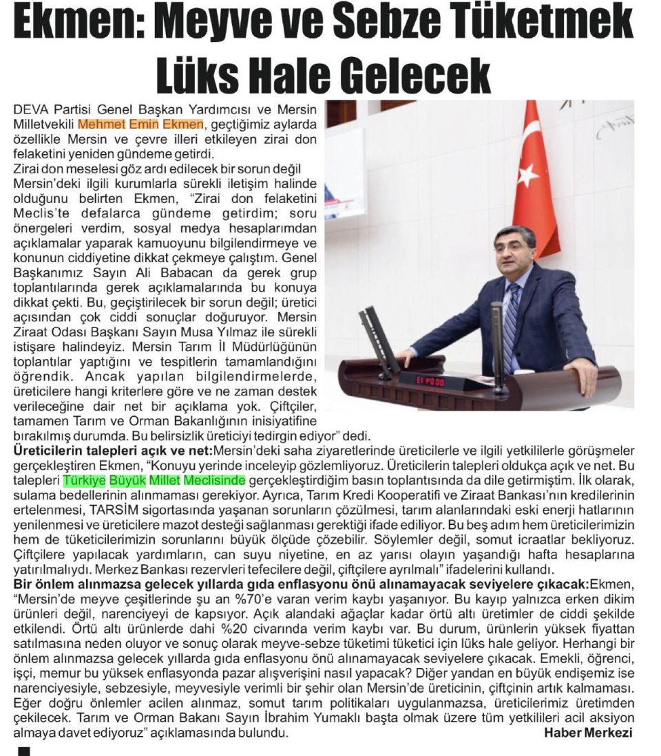 EKMEN: MEYVE VE SEBZE TÜKETMEK LÜKS HALE GELECEK