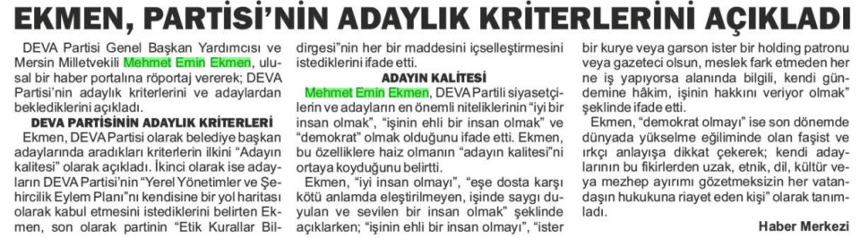 EKMEN, PARTİSİ'NİN ADAYLIK KRİTERLERİNİ AÇIKLADI
