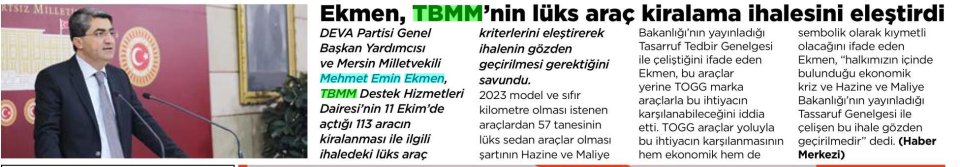 EKMEN, TBMM'NİN LÜKS ARAÇ KİRALAMA İHALESİNİ ELEŞTİRDİ