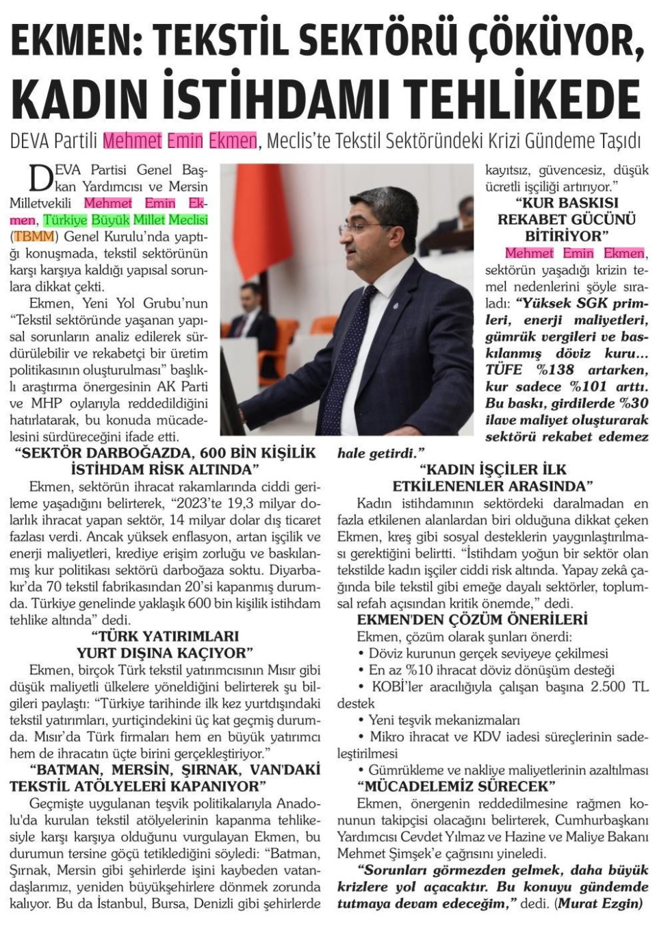 EKMEN: TEKSTİL SEKTÖRÜ ÇÖKÜYOR KADIN İSTİHDAMI TEHLİKEDE