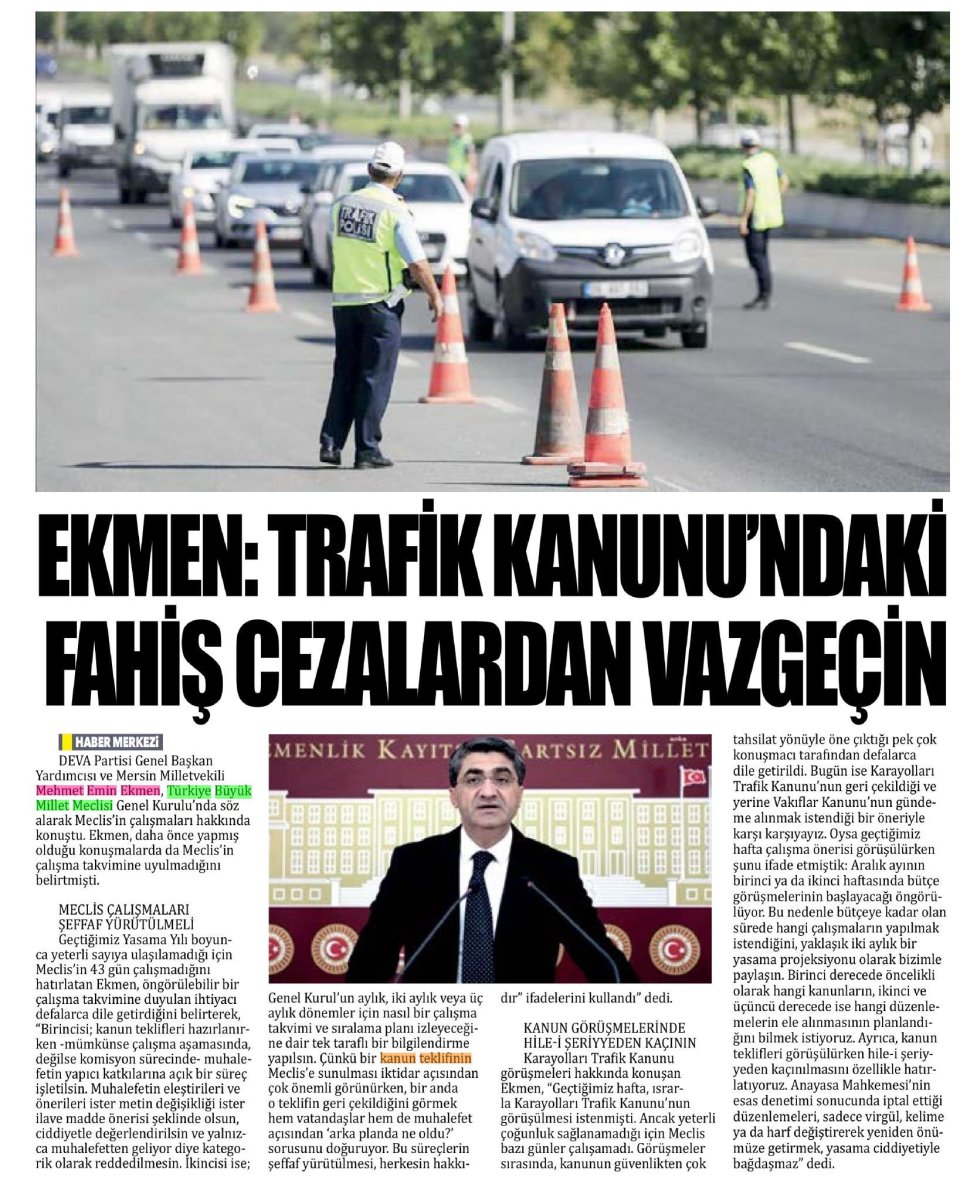 EKMEN: TRAFİK KANUNU'NDAKİ FATİŞ CEZALARDAN VAZGEÇİN