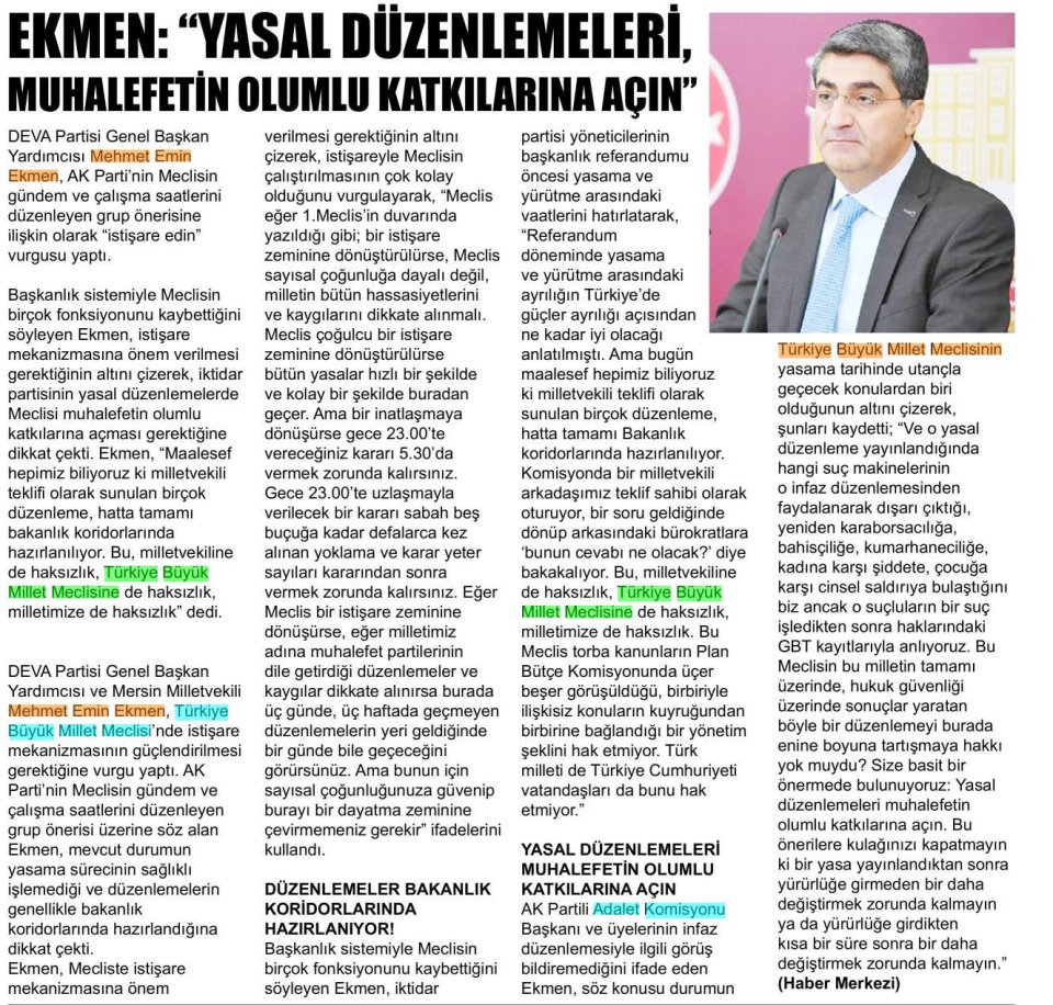  EKMEN: ''YASAL DÜZENLEMELERİ, MUHALEFETİN OLUMLU KATKILARINA AÇIN''
