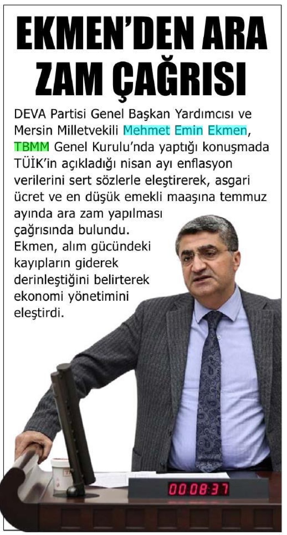 EKMEN'DEN ARA ZAM ÇAĞRISI