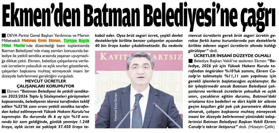 EKMEN'DEN BATMAN BELEDİYESİNE ÇAĞRI