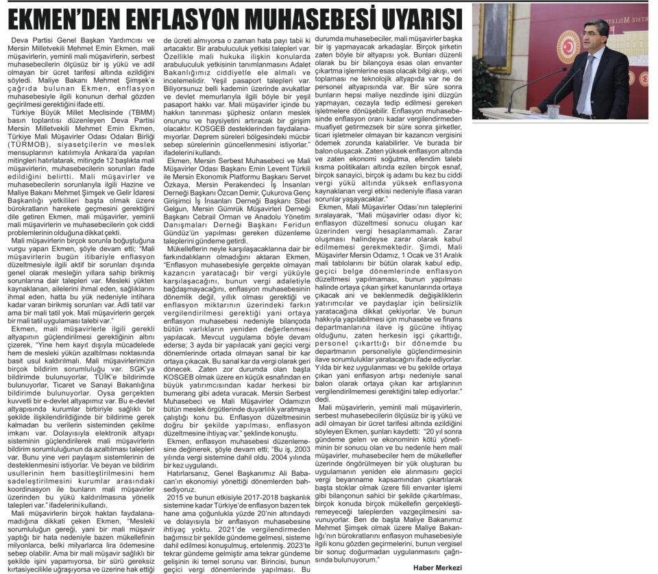 EKMEN'DEN ENFLASYON MUHASEBESİ UYARISI