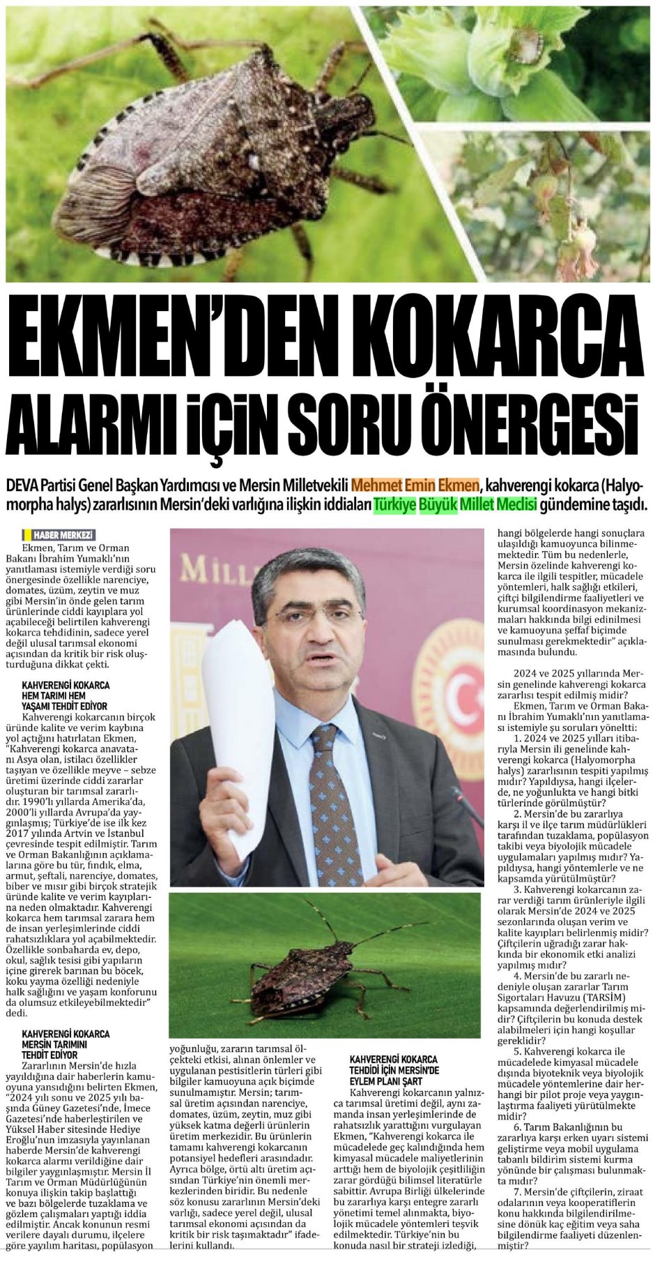 EKMEN'DEN KOKARCA ALARMI İÇİN SORU ÖNERGESİ