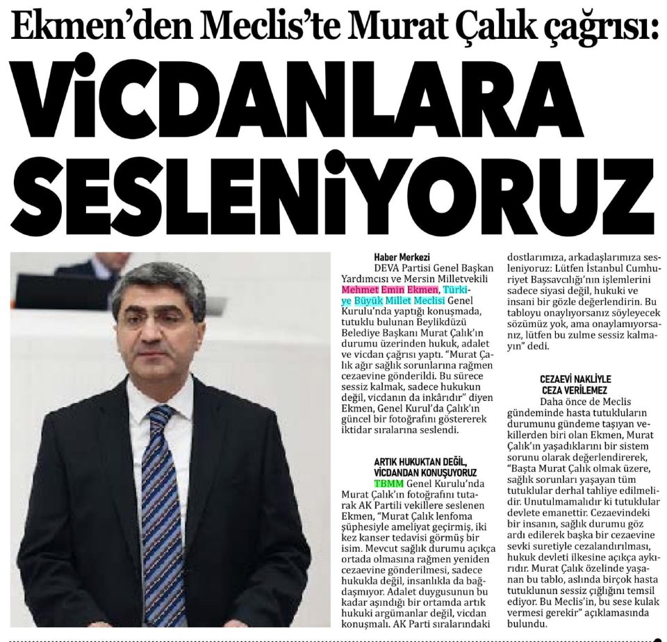 EKMEN'DEN MECLİS'TE MURAT ÇALIK ÇAĞRISI VİCDANLARA SESLENİYORUZ