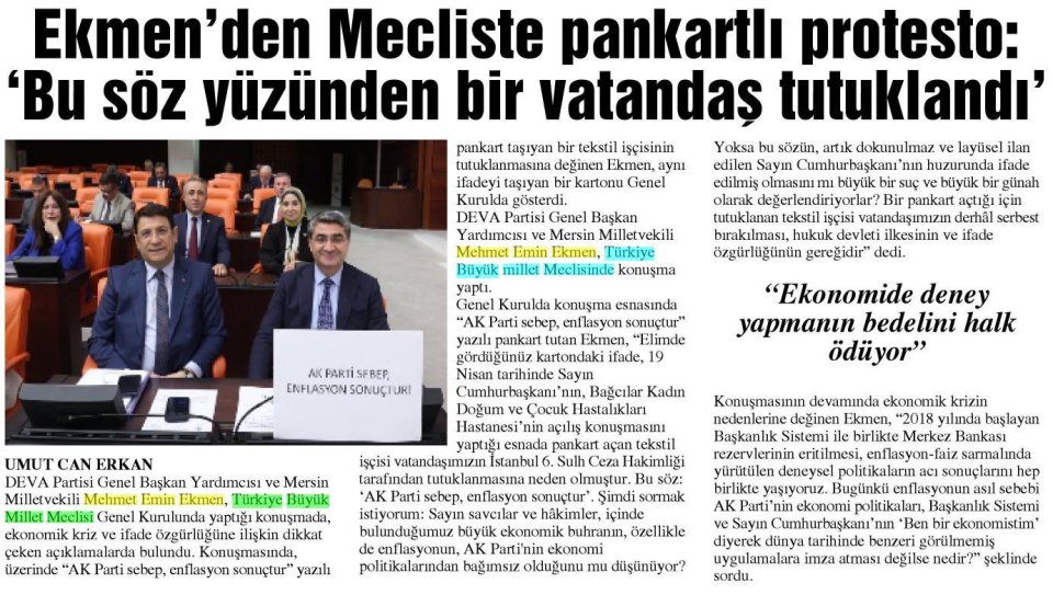 EKMEN'DEN MECLİSTE PANKARTLI PROTESTO