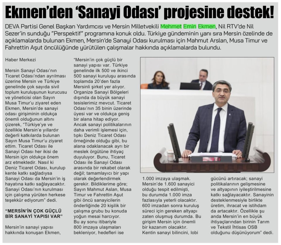 EKMENDEN 'SANAYİ ODASI' PROJESİNE DESTEK!