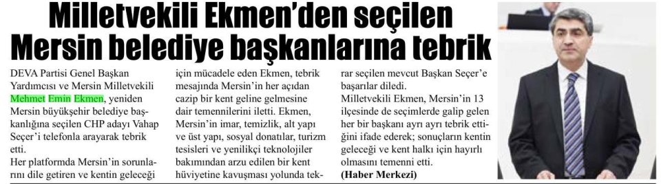 EKMEN'DEN SEÇİLEN MERSİN BELEDİYE BAŞKANLARINA TEBRİK