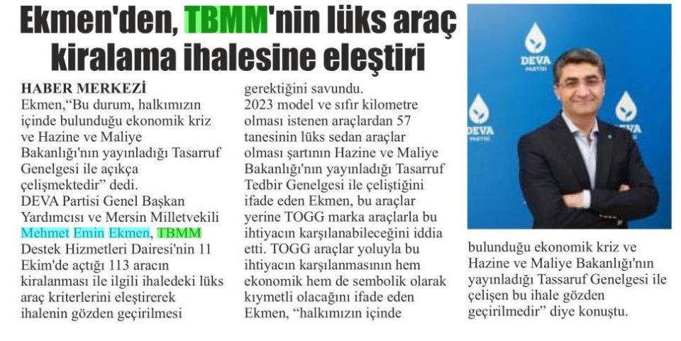 EKMENDEN, TBMM'NİN LÜKS ARAÇ KİRALAMA İHALESİNE ELEŞTİRİ