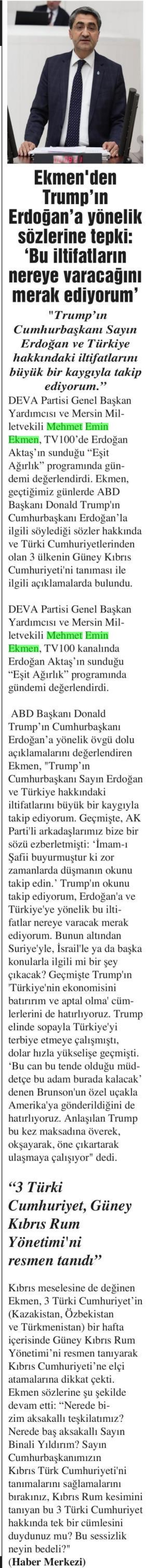 EKMEN'DEN TRUMP'IN ERDOĞAN'A YÖNELİK SÖZLERİNE TEPKİ