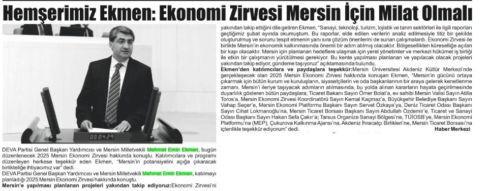 HEMŞERİMİZ EKMEN: EKONOMİ ZİRVESİ MERSİN İÇİN MİLAT OLMALI