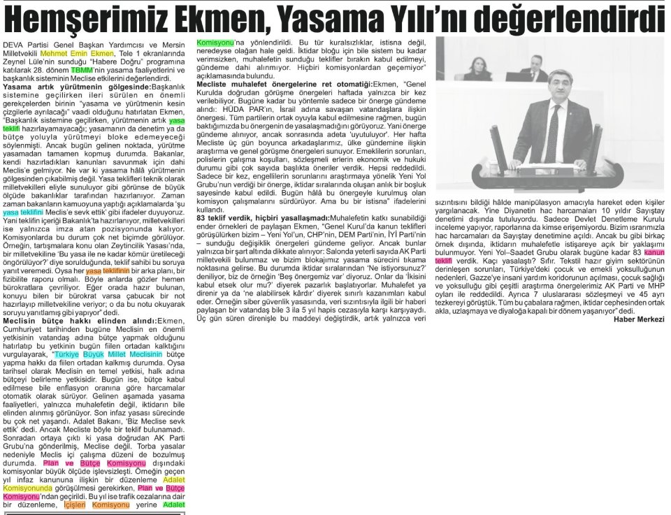 HEMŞERİMİZ EKMEN, YASAMA YILINI DEĞERLENDİRDİ