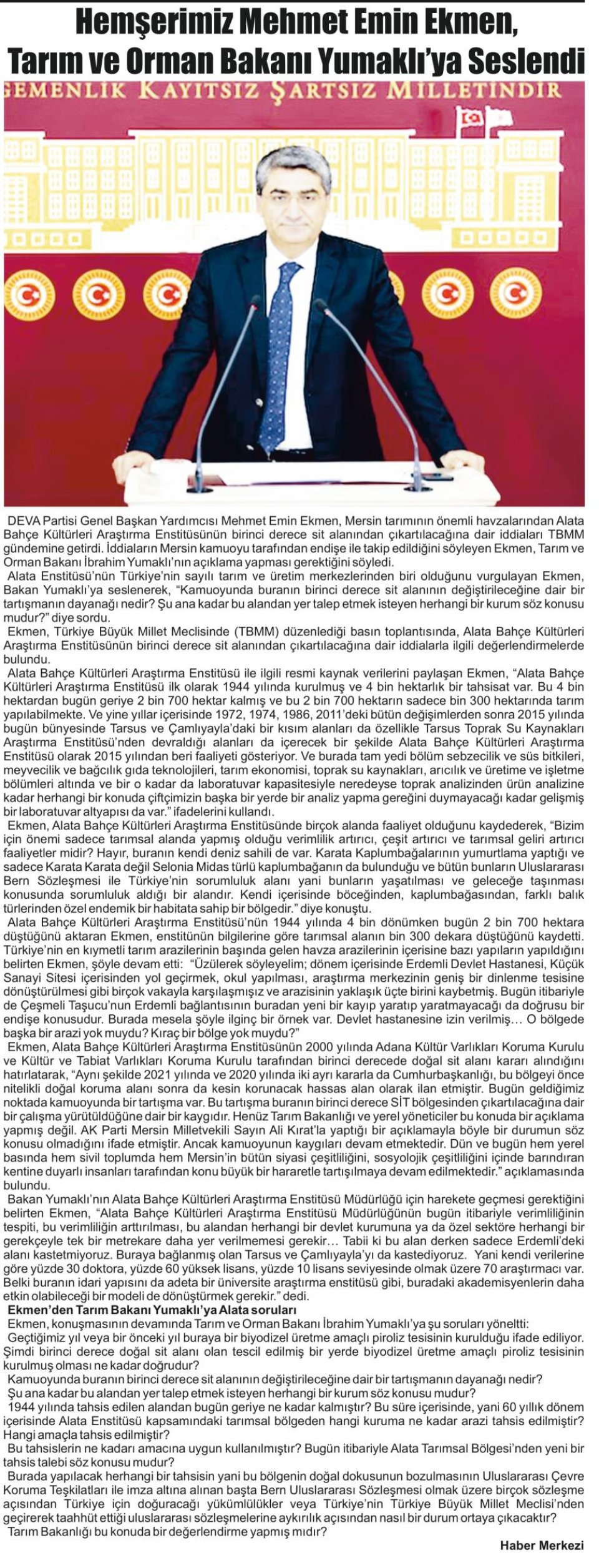 HEMŞERİMİZ MEHMET EMİN EKMEN, TARIM VE ORMAN BAKANI YUMAKLI'YA SESLENDİ
