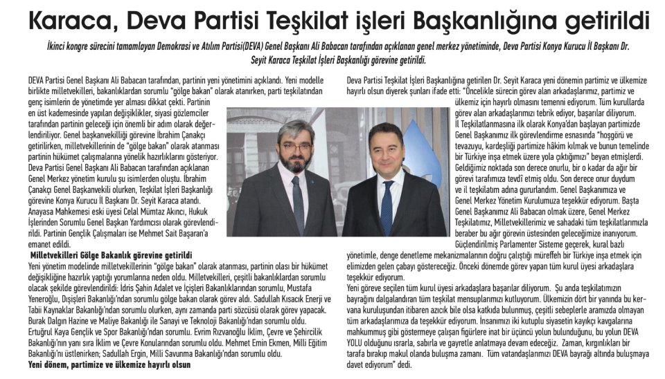KARACA, DEVA PARTİSİ TEŞKİLAT İŞLERİ BAŞKANLIĞINA GETİRİLDİ