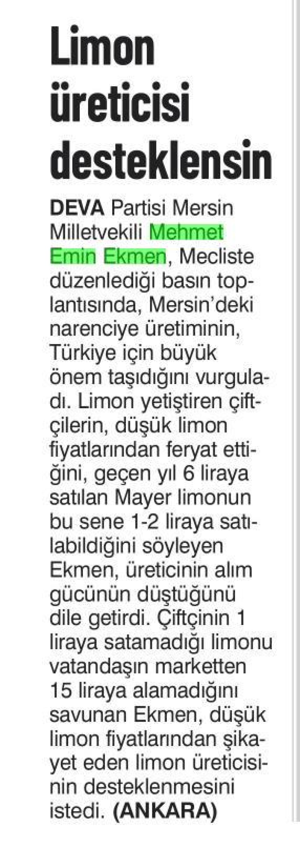 LİMON ÜRETİCİSİ DESTEKLENSİN