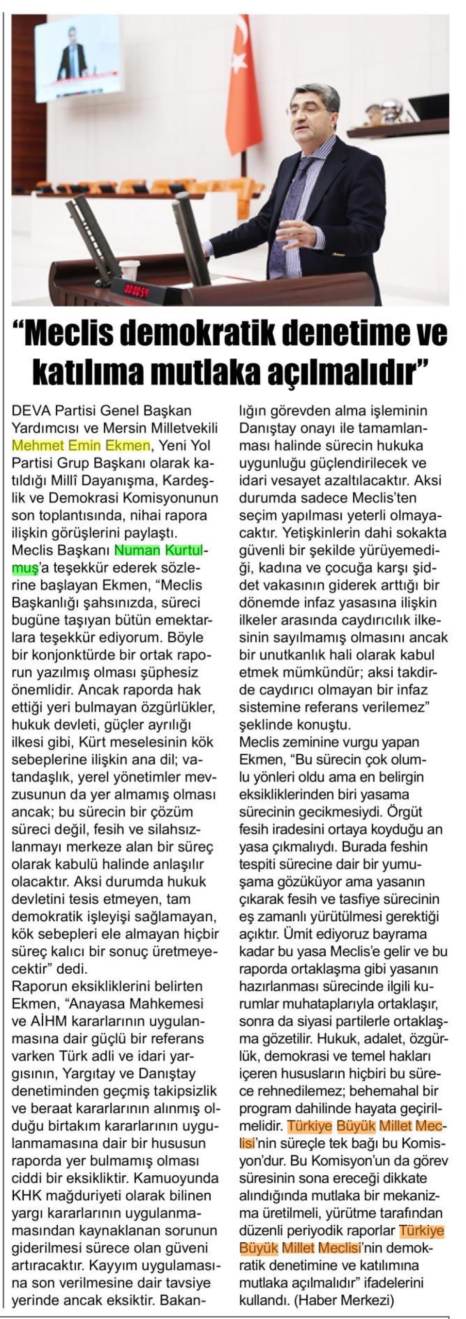 MECLİS DEMOKRATİK DENETİME VE KATILIMA MUTLAKA AÇILMALIDIR