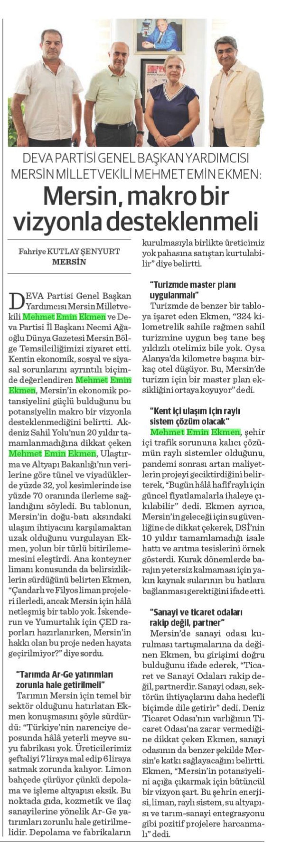 MERSİN MAKRO BİR VİZYONLA DESTEKLENMELİ