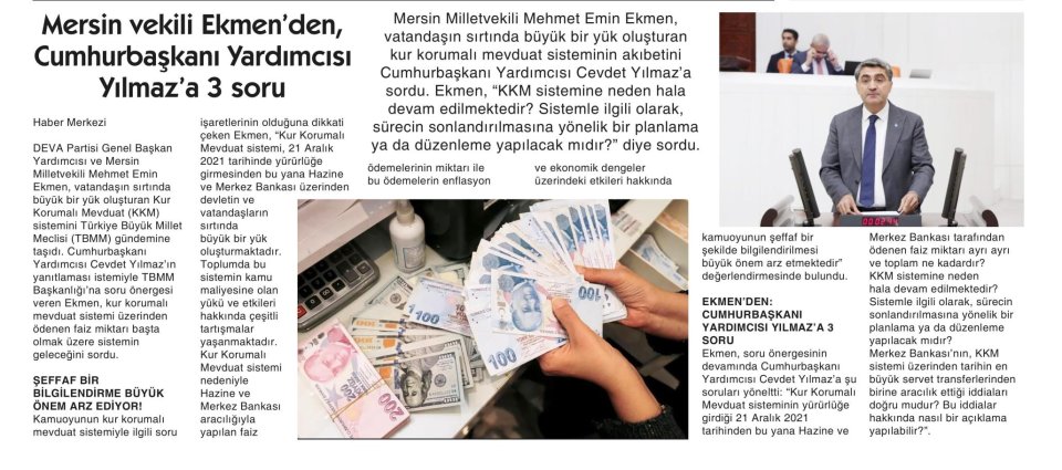 MERSİN VEKİLİ EKMEN'DEN, CUMHURBAŞKANI YARDIMCISI YILMAZ'A 3 SORU