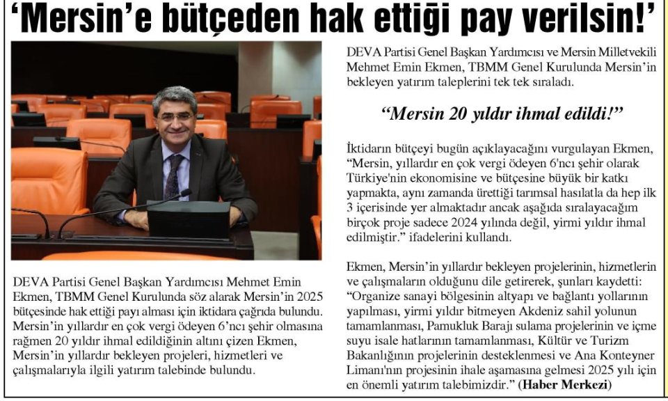 'MERSİN'E BÜTÇEDEN HAK ETTİĞİ PAY VERİLSİN!'