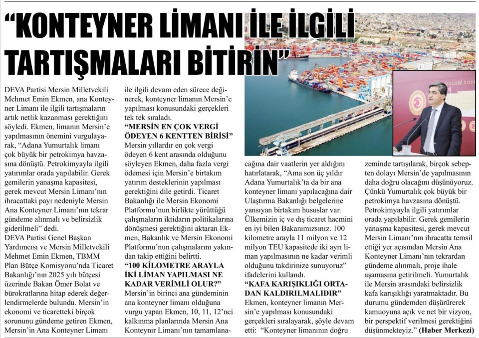 MERSİN'İN ANA GÜNDEMİ KONTEYNER LİMANI