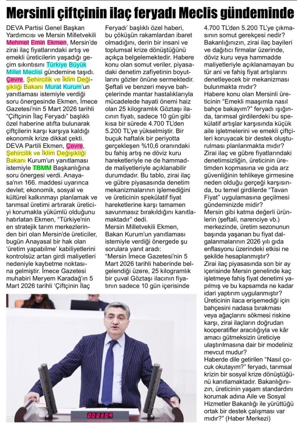 MERSİNLİ ÇİFTÇİNİN İLAÇ FERYADI MECLİS GÜNDEMİNDE