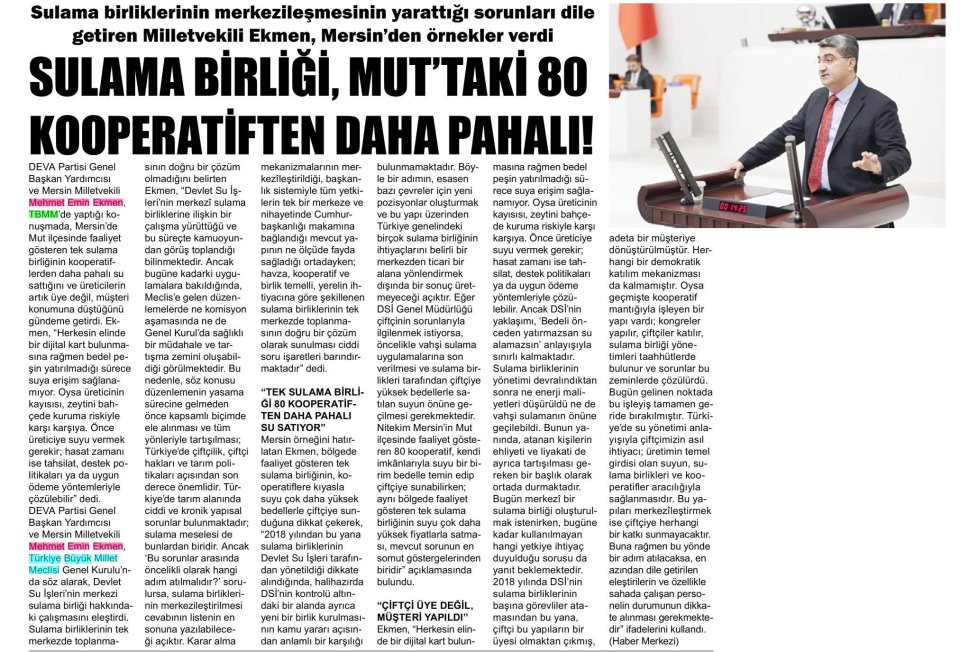 ''MUT'TA ÜRETİCİ SUYA PEŞİN ÖDEMEYLE ULAŞIYOR''