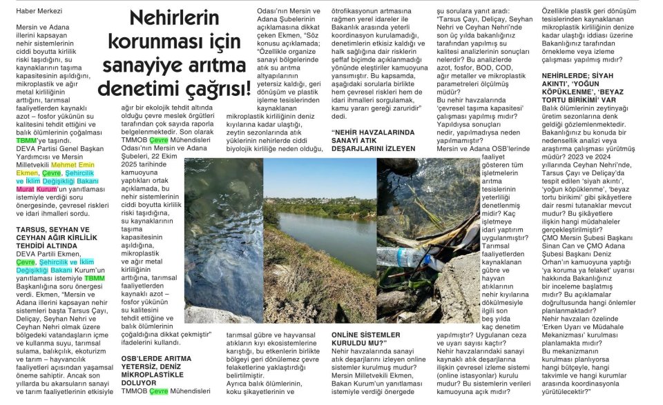 NEHİRLERİN KORUNMASI İÇİN SANAYİYE ARITMA DENETİMİ ÇAĞRISI