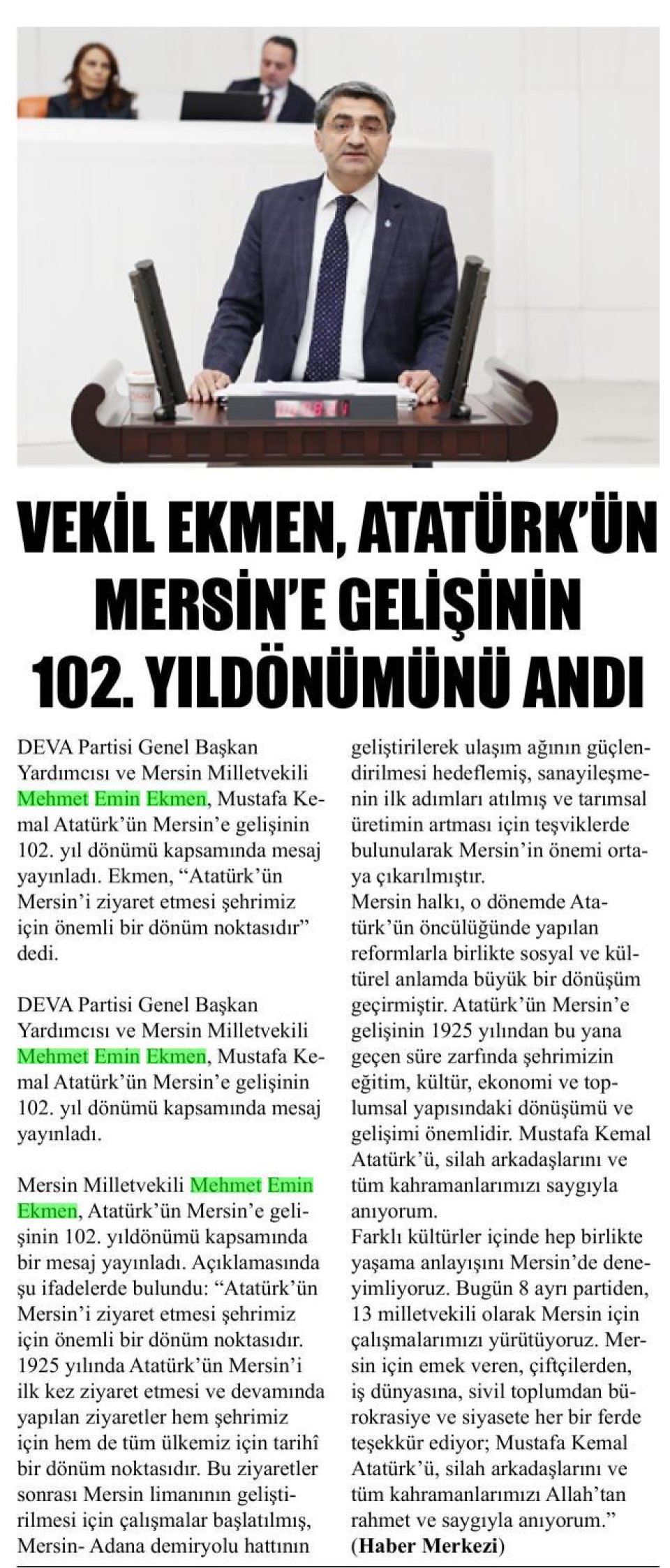 VEKİL EKMEN, ATATÜRK'ÜN MERSİN'E GELİŞİNİN 102. YILDÖNÜMÜNÜ ANDI