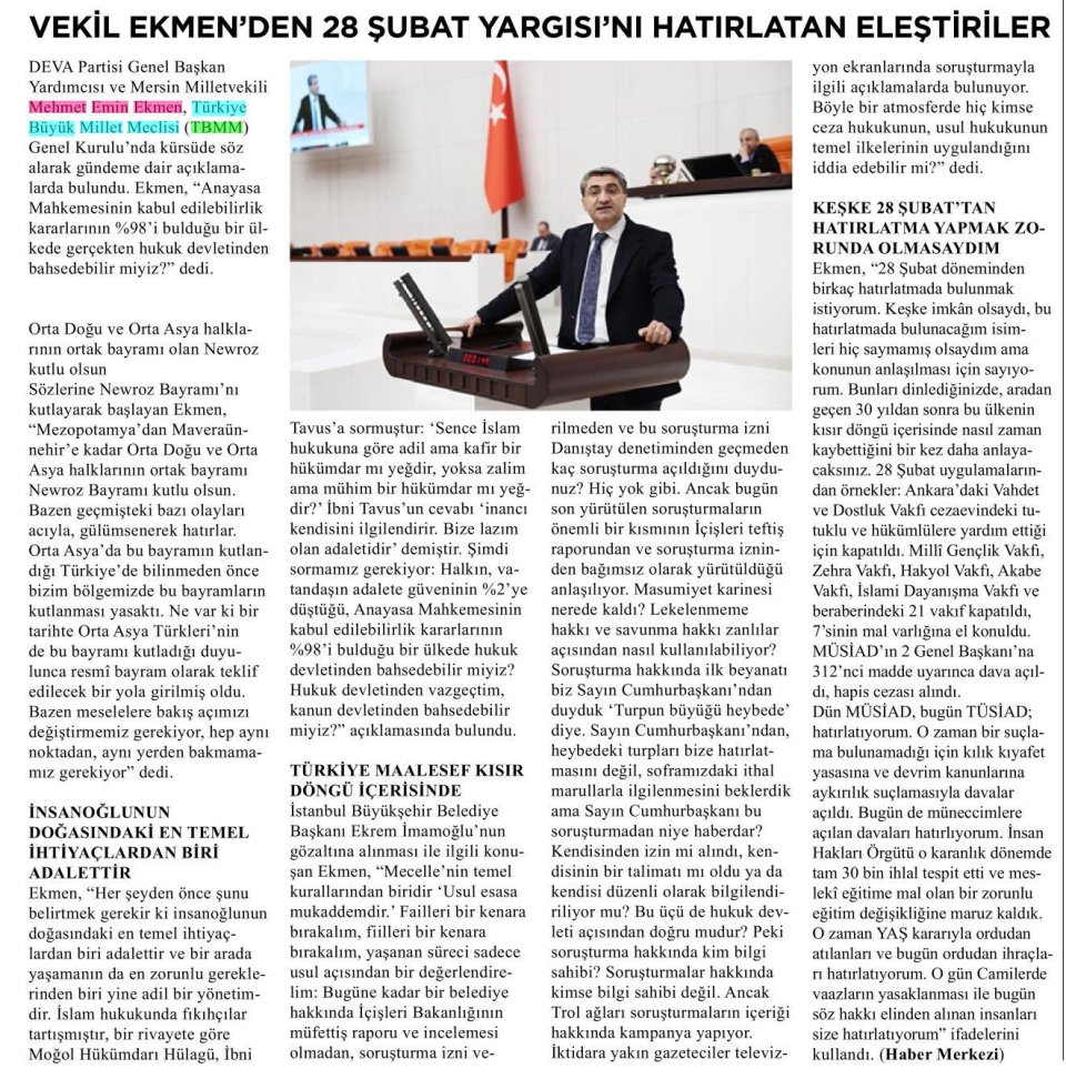 VEKİL EKMEN'DEN 28 ŞUBAT YARGISI'NI HATIRLATAN ELEŞTİRİLER