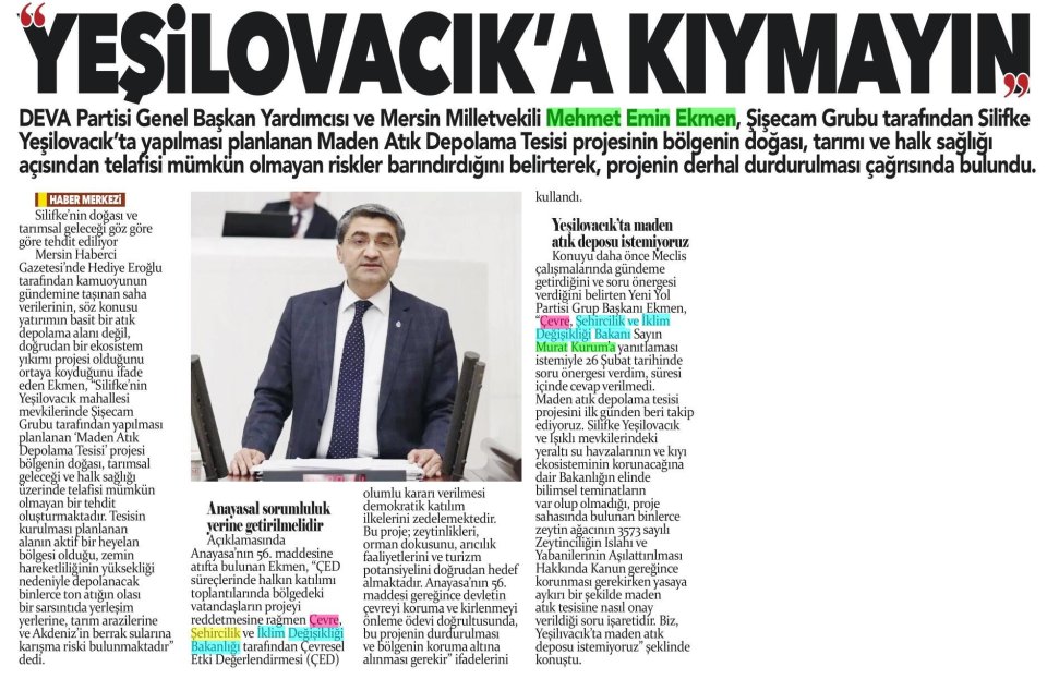 'YEŞİLOVACIK'A KIYMAYIN'